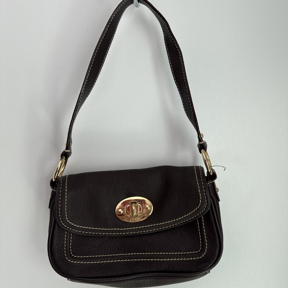 Chaps Brown Pebbled Shoulder Bag Gold Hardware Turn Lock Classic Women's